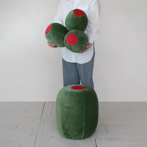 Creative Co Op Cotton Velvet Upholstered Olive Shaped Stool Green & Red