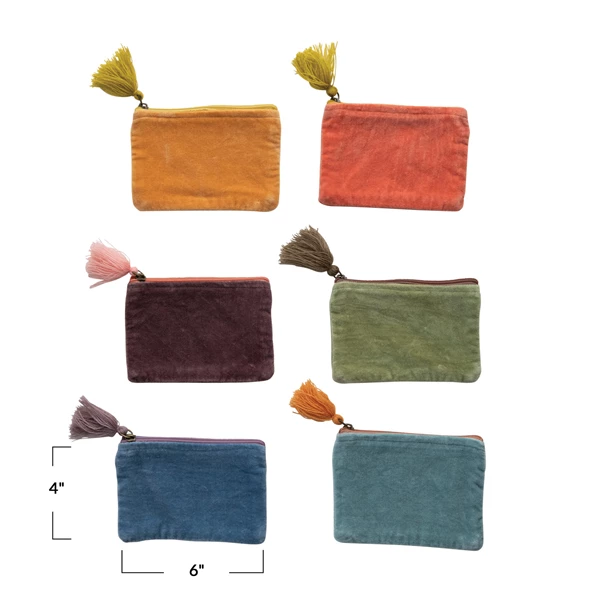 Creative Co Op Cotton Velvet Zip Pouch W/ Tassel 6 Colors
