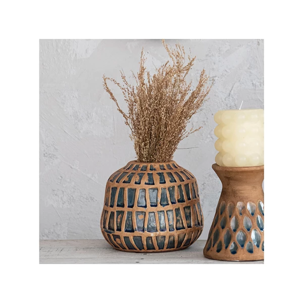 Creative Co Op Debossed Terra-cotta Vase & Blue