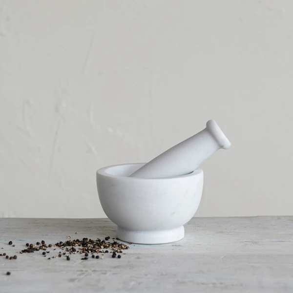 Creative Co Op Marble Mortar & Pestle White Set Of 2