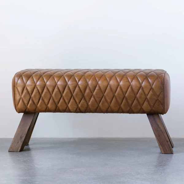 Creative Co Op Stitched Leather And Wood Bench