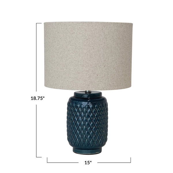 Creative Co Op Embossed Ceramic Table Lamp W/ Linen Shade & Inline Switch (Each One Will Vary)