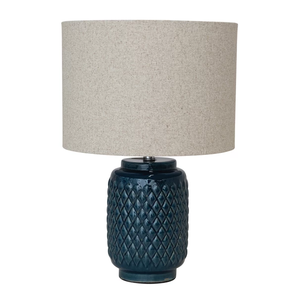 creative co op Embossed Ceramic Table Lamp w/ Linen Shade & Inline Switch (Each One Will Vary)