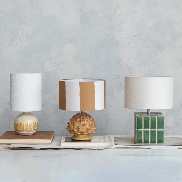 Creative Co Op Embossed Stoneware Table Lamp W/ Linen Bouclé Shade