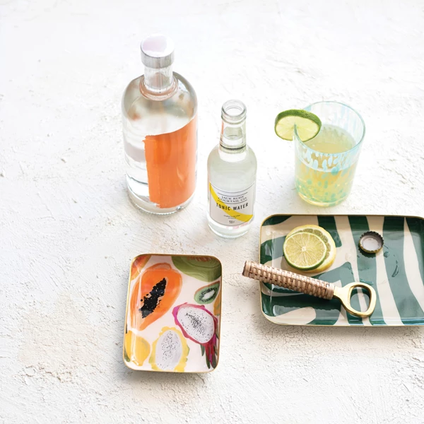 Creative Co Op Enameled Metal Trays W/ Fruit/Abstract Image & Gold Rim Set Of 2