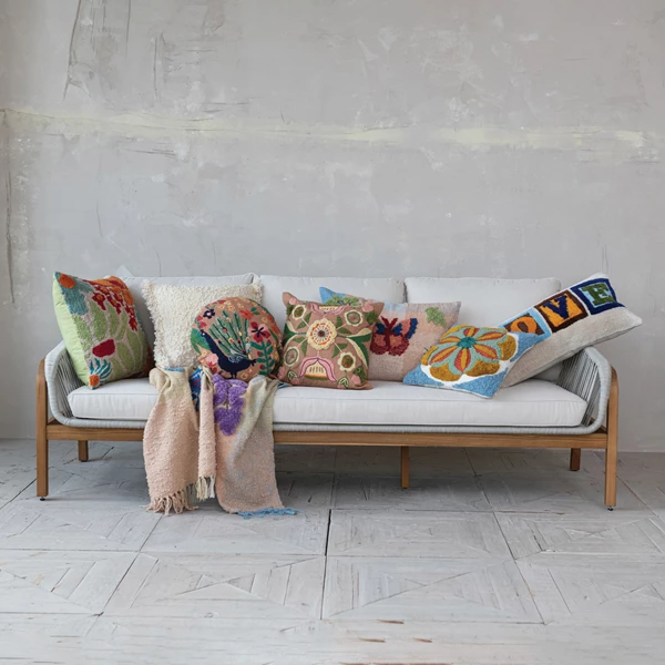 Creative Co Op Fabric Indoor/Outdoor Pillow With Embroidered Peacock & Flowers