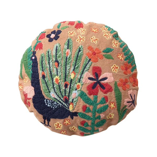 creative co op Fabric Indoor/Outdoor Pillow with Embroidered Peacock & Flowers