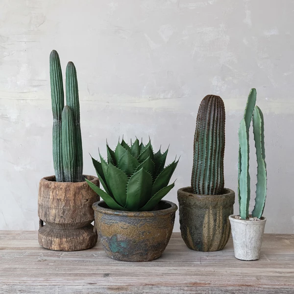Creative Co Op Faux Euphorbia Cactus In Cement Pot With Pebbles