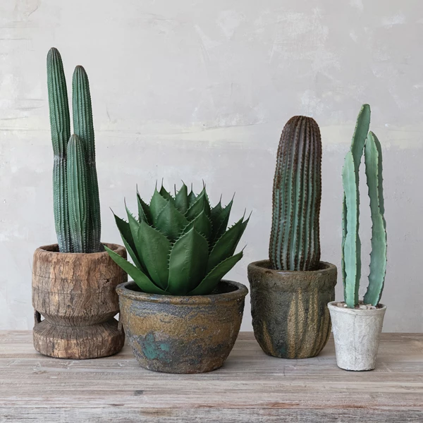 Creative Co Op Faux Euphorbia Cactus In Cement Pot With Pebbles