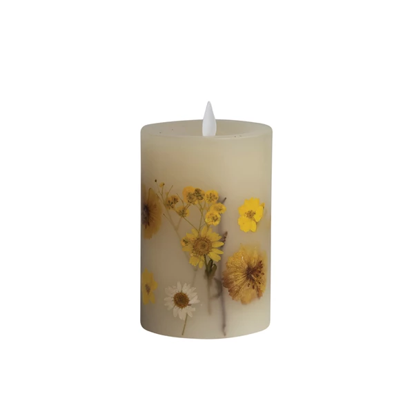 Creative Co Op Flameless LED Pillar Candle W/ Botanicals Daisies & 6 Hour Timer Multi Color