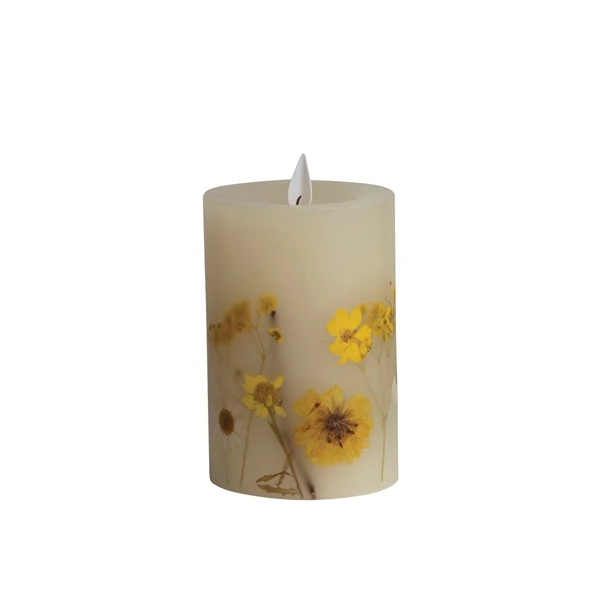 Creative Co Op Flameless LED Pillar Candle W/ Botanicals Daisies & 6 Hour Timer Multi Color
