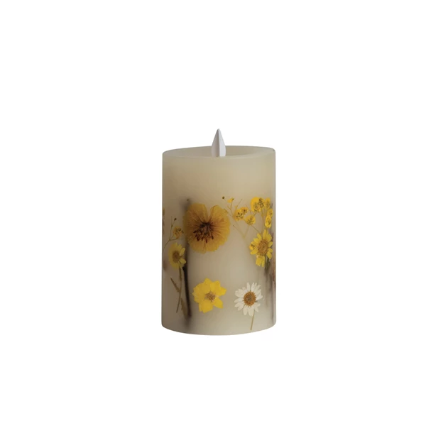 Creative Co Op Flameless LED Pillar Candle W/ Botanicals Daisies & 6 Hour Timer Multi Color