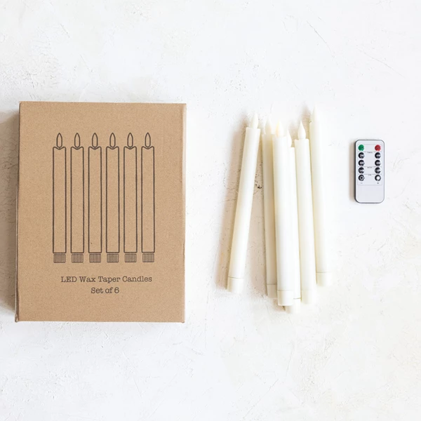 Creative Co Op Flameless LED Wax Taper Candles W/ 8 Hour Timer & Remote Boxed Set Of 6