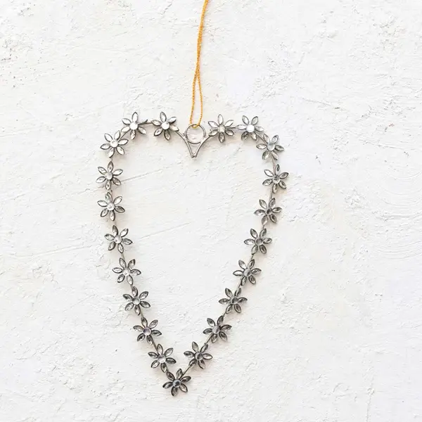 Creative Co Op Glass Beaded Metal Heart Ornament W/ Jeweled Flowers Silver Finish