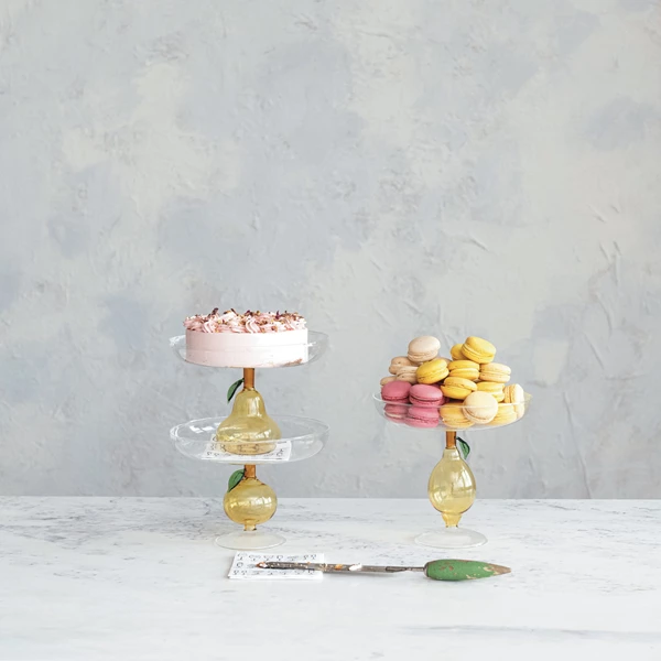 Creative Co Op Glass Pedestal W/ Pear Shaped Base Green & Amber Color