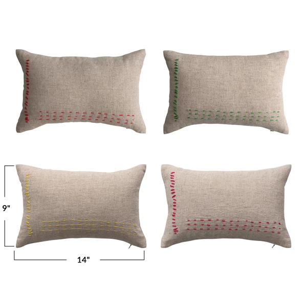 Creative Co Op Hand-Embroidered Linen Blend Lumbar Pillow 4 Colors