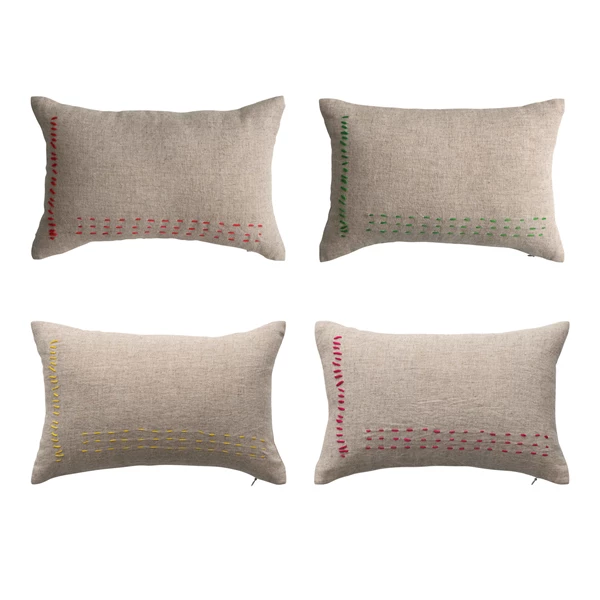 creative co op Hand-Embroidered Linen Blend Lumbar Pillow 4 Colors