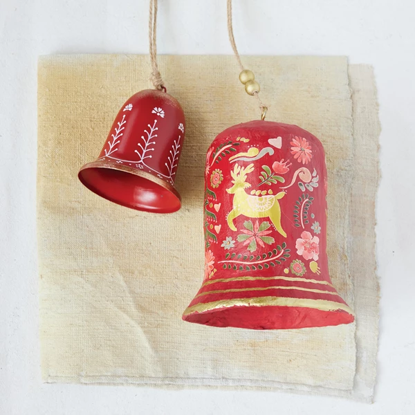 Creative Co Op Hand-Painted Metal Bell Ornament With Botanical Design