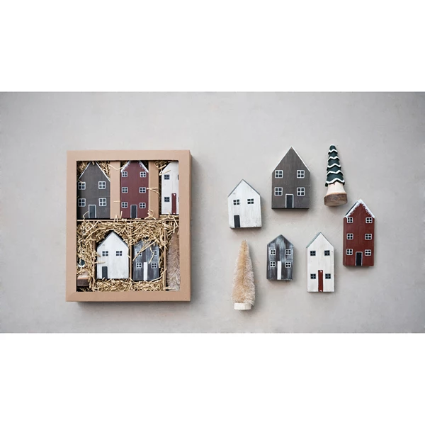 Creative Co Op Hand-Painted Pine Wood House Village Set Of 7
