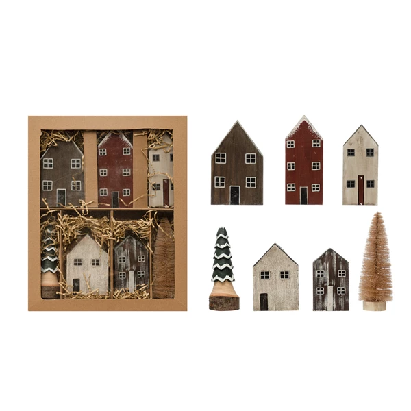 Creative Co Op Hand-Painted Pine Wood House Village Set Of 7