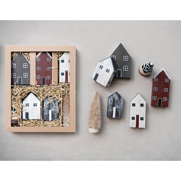 creative co op Hand-Painted Pine Wood House Village Set of 7