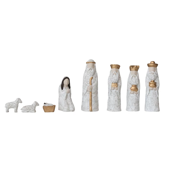 creative co op Hand-Painted Resin Nativity White & Gold Finish Set of 8
