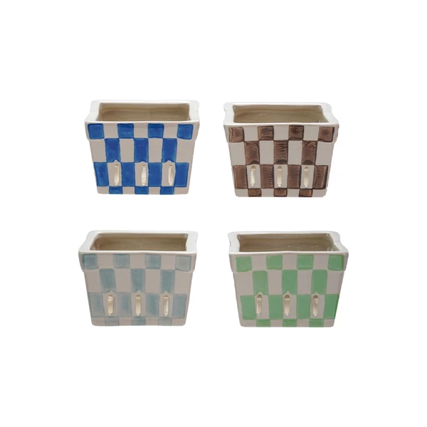 creative co op Hand-Painted Stoneware Berry Basket with Check Pattern 4 Colors