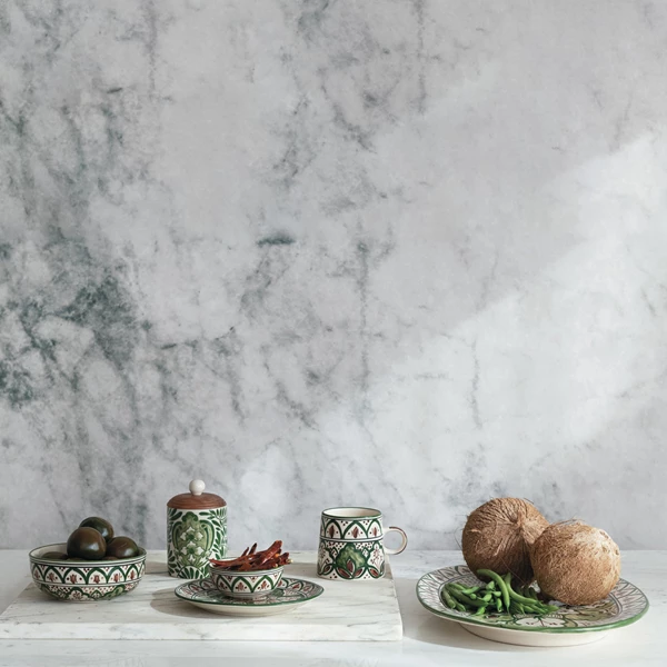 Creative Co Op Hand-Painted Stoneware Bowl W/ Design Cream Color Brown & Green