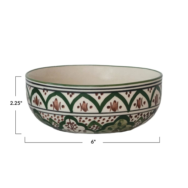 Creative Co Op Hand-Painted Stoneware Bowl W/ Design Cream Color Brown & Green