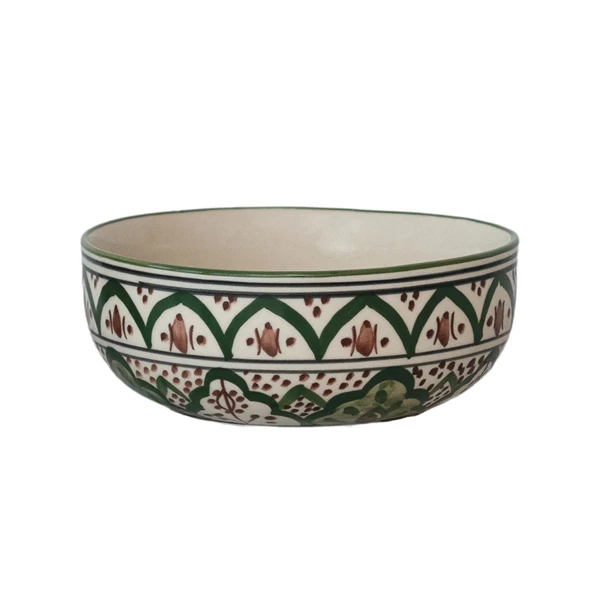 creative co op Hand-Painted Stoneware Bowl w/ Design Cream Color Brown & Green