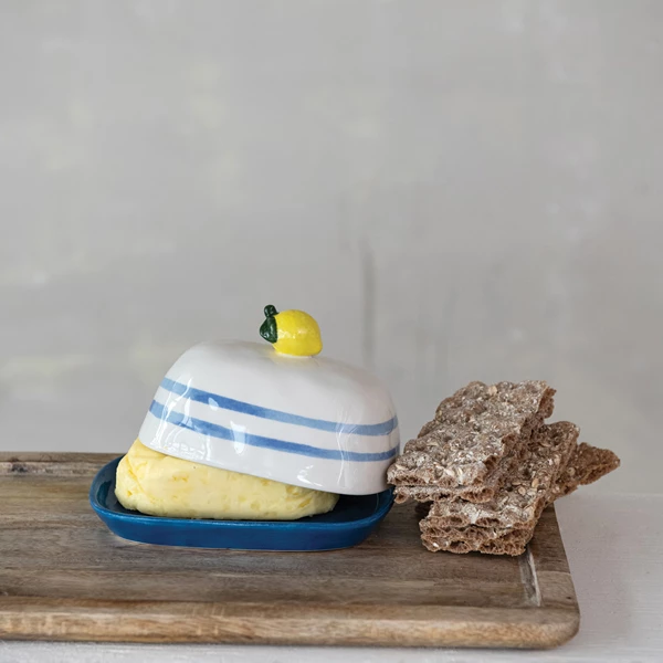 Creative Co Op Hand-Painted Stoneware Butter Dish With Finial & Stripes