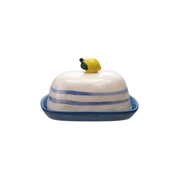 creative co op Hand-Painted Stoneware Butter Dish with Finial & Stripes