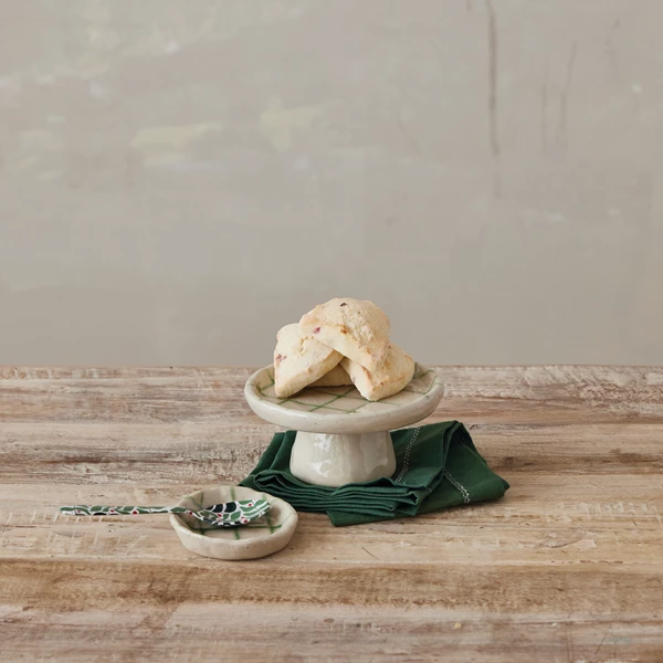 Creative Co Op Hand-Painted Stoneware Dish With Grid Pattern Green & Cream Color