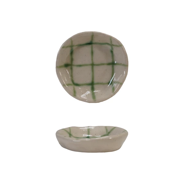 creative co op Hand-Painted Stoneware Dish with Grid Pattern Green & Cream Color