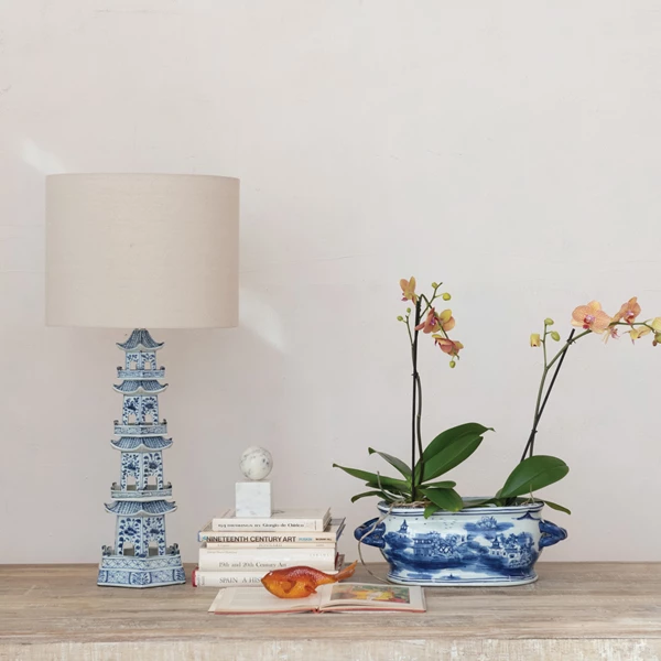 Creative Co Op Hand-Painted Stoneware Pagoda Shaped Table Lamp W/ Design Linen Shade & Inline Switch