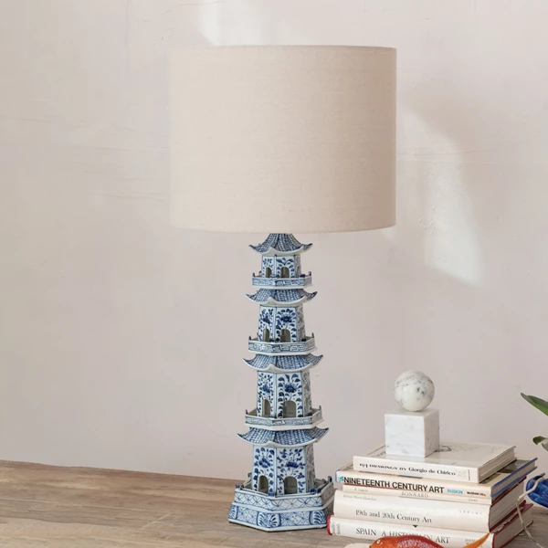 Creative Co Op Hand-Painted Stoneware Pagoda Shaped Table Lamp W/ Design Linen Shade & Inline Switch
