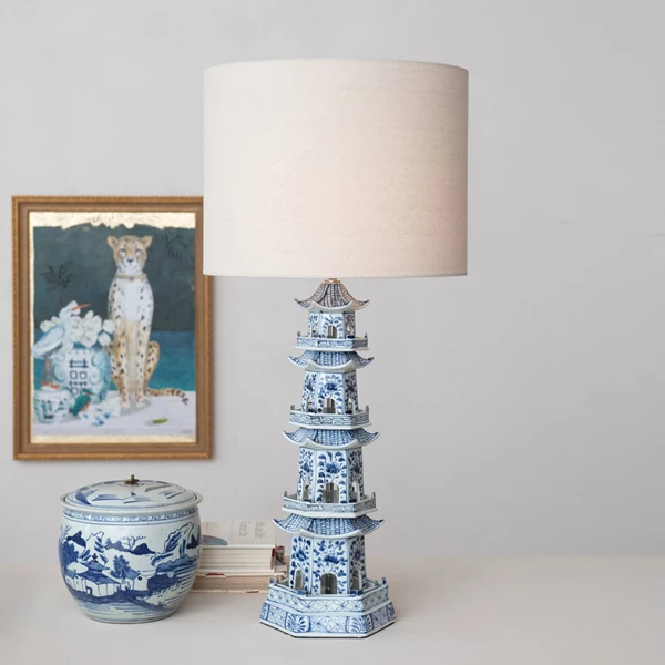 Creative Co Op Hand-Painted Stoneware Pagoda Shaped Table Lamp W/ Design Linen Shade & Inline Switch