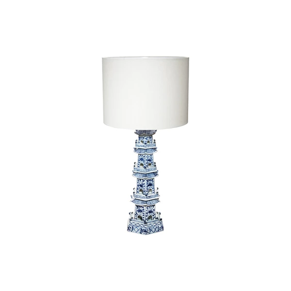 creative co op Hand-Painted Stoneware Pagoda Shaped Table Lamp w/ Design Linen Shade & Inline Switch