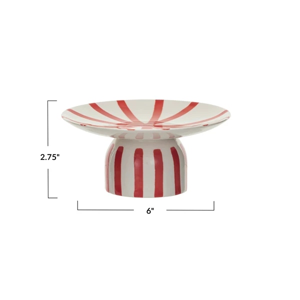 Creative Co Op Hand-Painted Stoneware Pedestal W/ Stripes Red & Cream Color