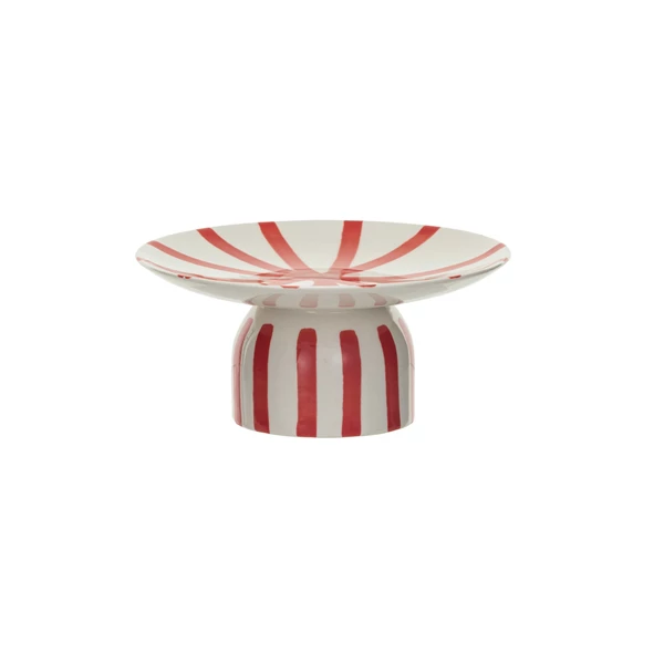 creative co op Hand-Painted Stoneware Pedestal w/ Stripes Red & Cream Color