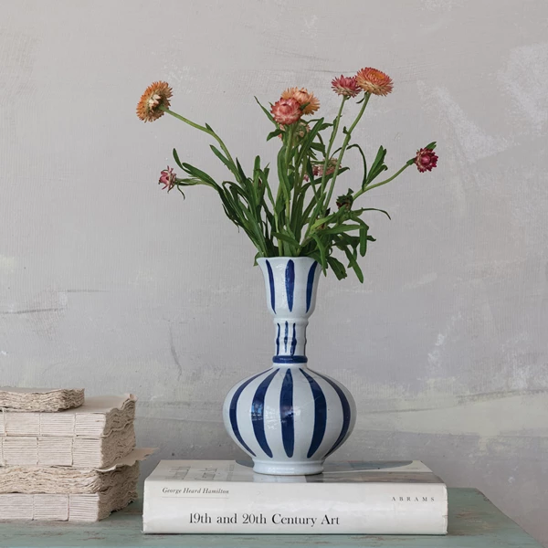 Creative Co Op Hand-Painted Stoneware Vase With Dots/Stripes 3 Styles