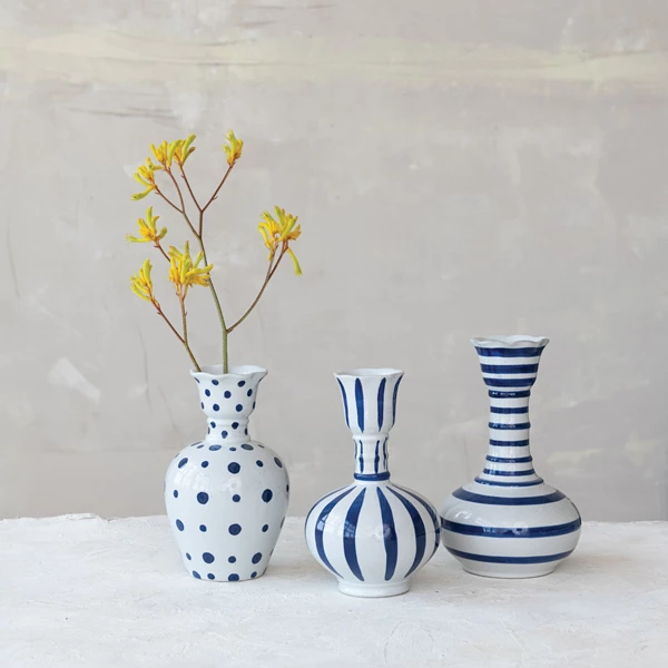 Creative Co Op Hand-Painted Stoneware Vase With Dots/Stripes 3 Styles