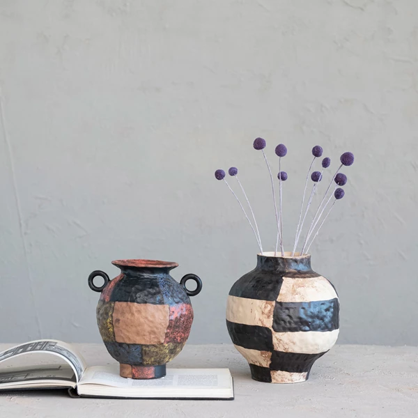 Creative Co Op Hand-Painted Textured Stoneware Vase W/ Handles (Each One Will Vary)