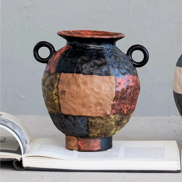 Creative Co Op Hand-Painted Textured Stoneware Vase W/ Handles (Each One Will Vary)