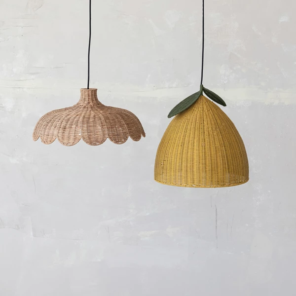 Creative Co Op Hand-Woven Rattan Lemon Shaped Pendant Lamp 5' Fabric Cord