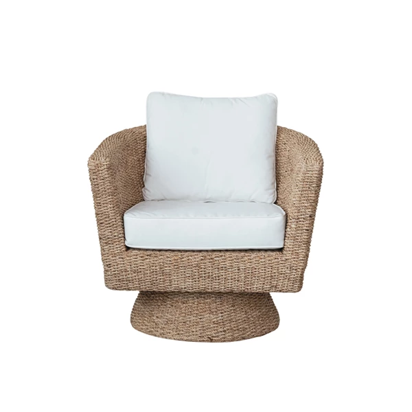 creative co op Hand-Woven Water Hyacinth & Acacia Wood Swivel Chair w/ Cushions