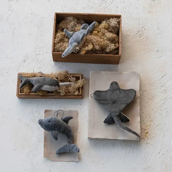 Creative Co Op Handmade Cotton Velvet Hammer Head Shark Ornament Grey & Cream Color