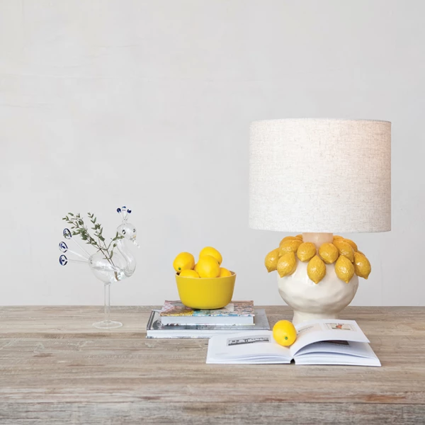 Creative Co Op Handmade Stoneware Table Lamp W/ 3D Lemons & Linen Shade Yellow & Cream Color