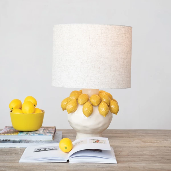 Creative Co Op Handmade Stoneware Table Lamp W/ 3D Lemons & Linen Shade Yellow & Cream Color