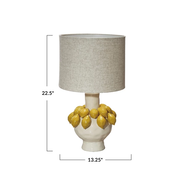 Creative Co Op Handmade Stoneware Table Lamp W/ 3D Lemons & Linen Shade Yellow & Cream Color